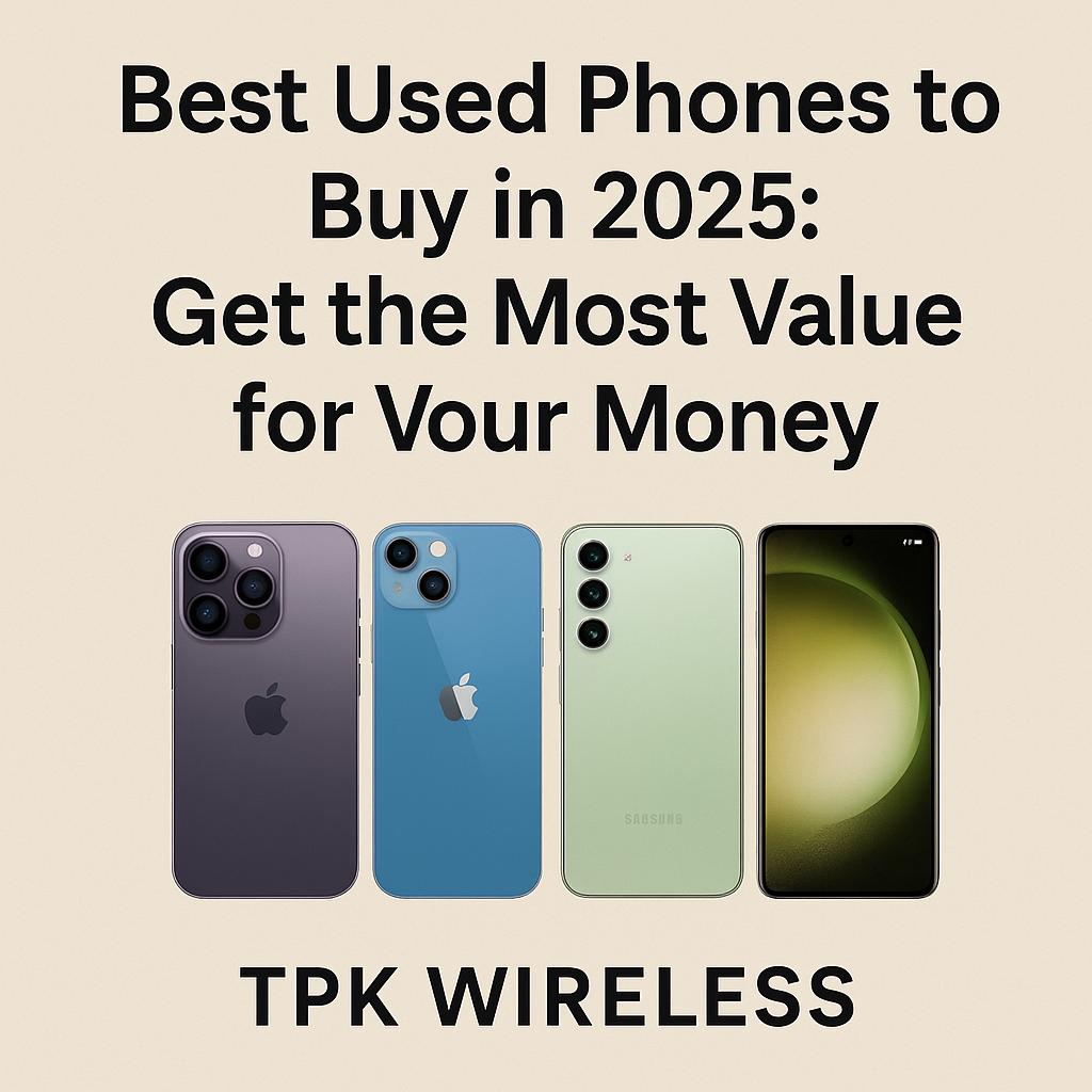 Promotional image showing top used phones to buy in 2025, including iPhone 14 Pro, iPhone 13, Samsung Galaxy S23, and Google Pixel 7 Pro, with the title “Best Used Phones to Buy in 2025: Get the Most Value for Your Money” and TPK Wireless branding.