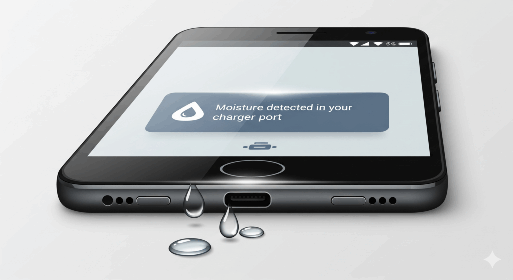 A modern, clean illustration of a black Android smartphone. On the screen, a notification banner reads "Moisture detected in your charger port." A small, stylized icon of a water droplet is visible next to a charging port symbol. A few realistic water droplets are depicted near the charging port at the bottom of the phone. The background is a light gray.