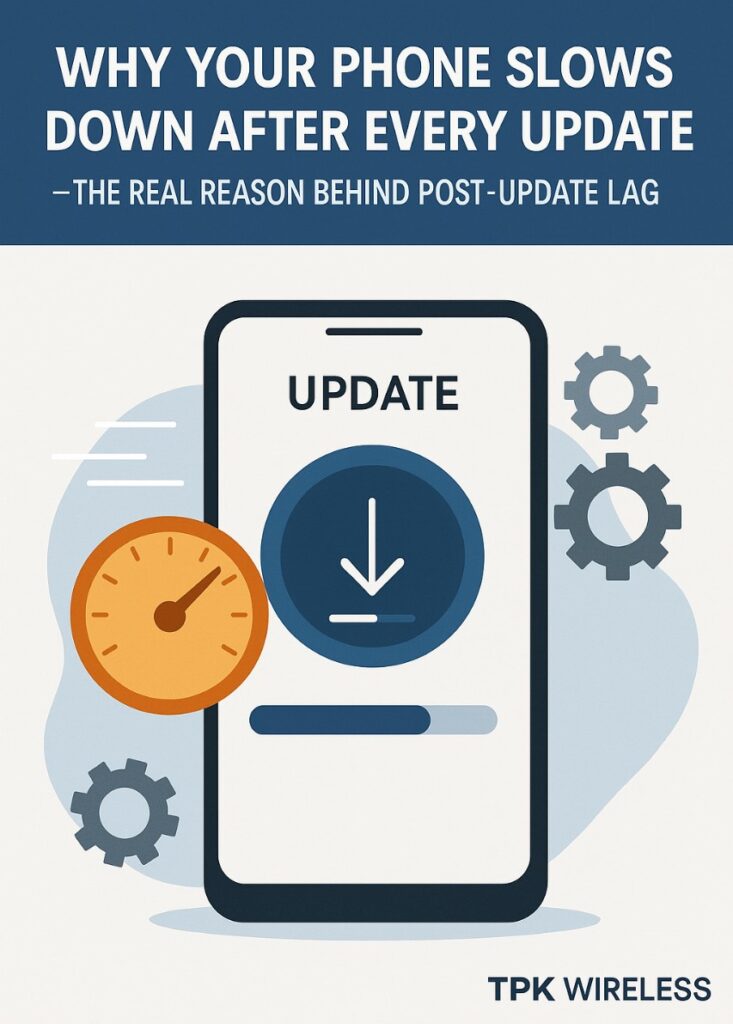 Phone slowing down after software update — infographic illustration showing system update progress and lag indicators, created for TPK Wireless