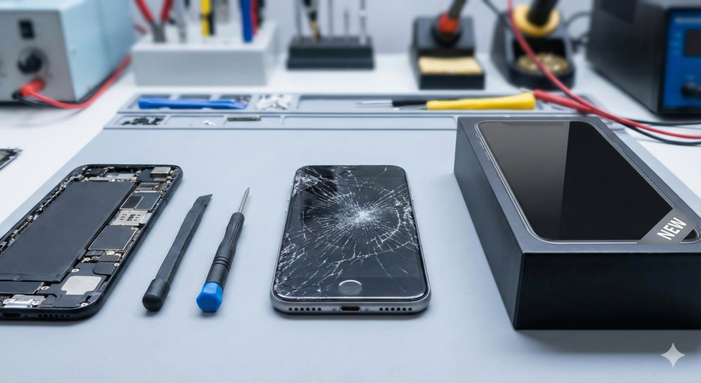A technician workbench comparing a broken phone with a cracked screen next to a brand new phone in a box, illustrating the repair vs replace phone decision with tools and components.