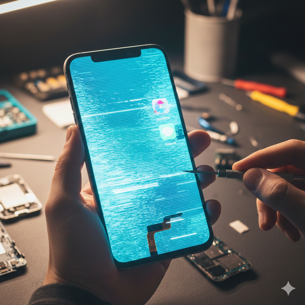 Professional technician diagnosing a glitching phone screen with digital lines and flickering.