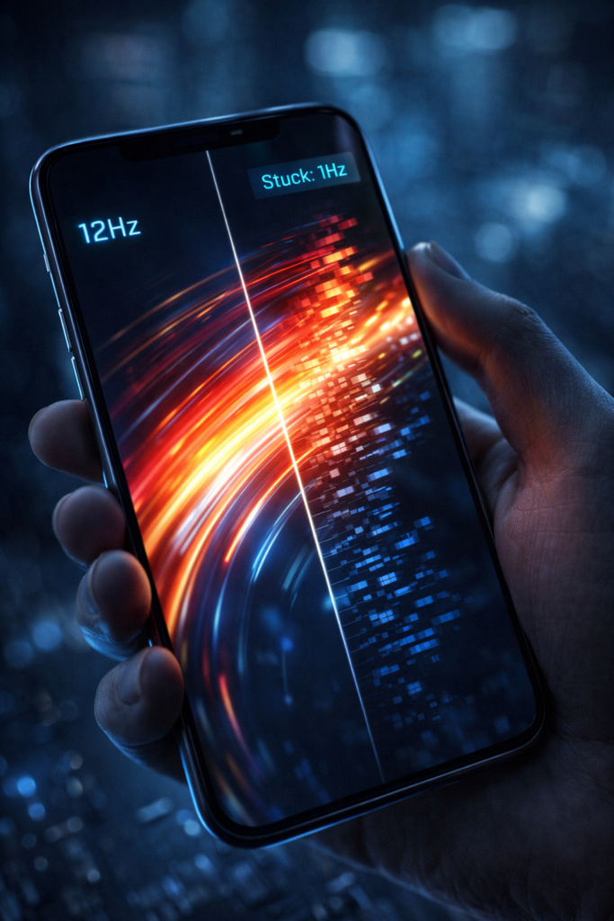 Futuristic smartphone with contrasting refresh rates

